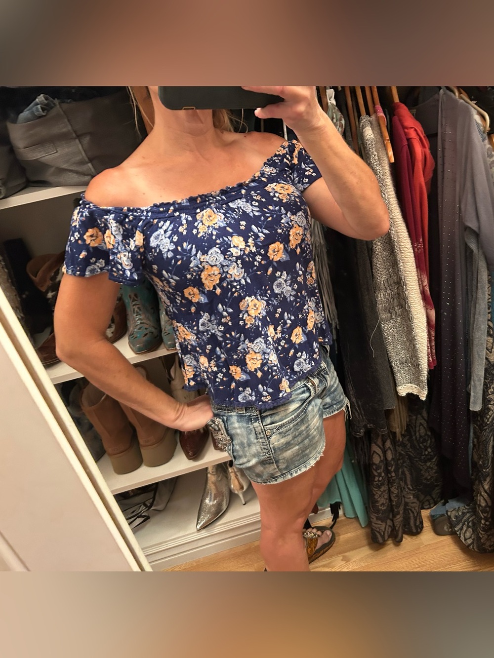 Self Esteem Blue Floral Off-Shoulder Camisole